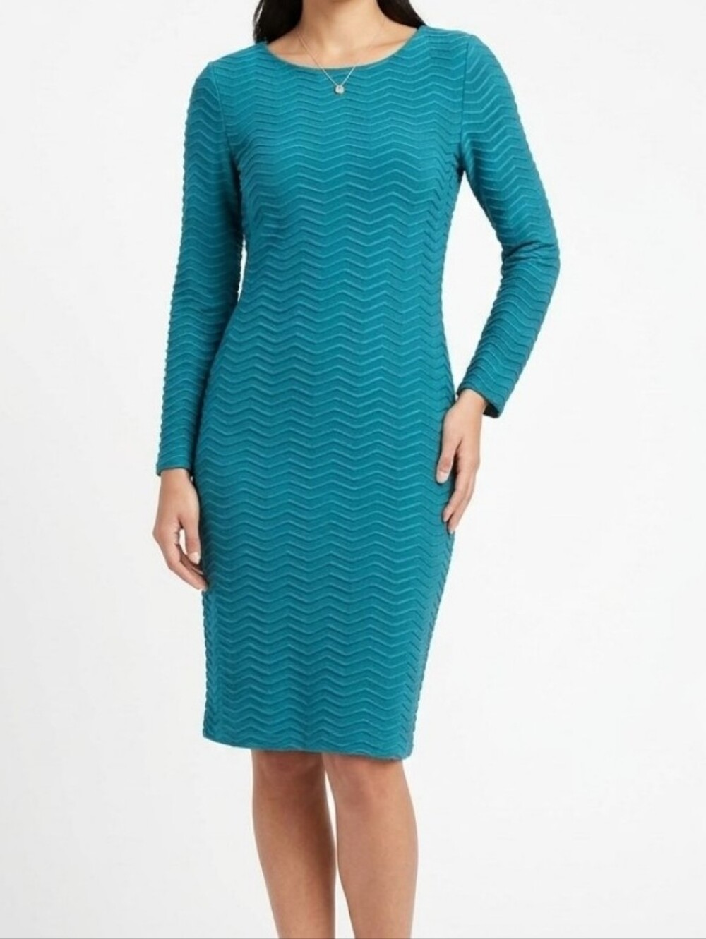 Calvin Klein Chevron Textured Stretch Sheath Dress Teal Green 3/4 Sleeve Sz 4
